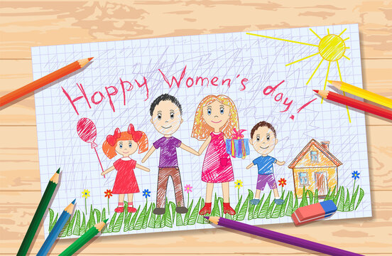 Vector children's drawing for International Women's Day on March 8. The child drew with colored pencils a happy family on the green grass in flowers near the house. Drawing lesson for the holiday 