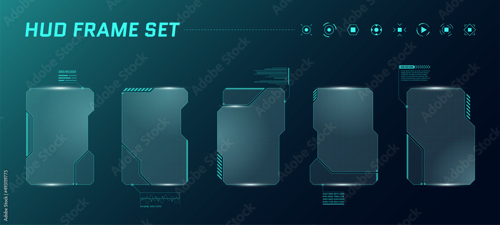 Poster hud digital futuristic user interface square frame set. sci fi high tech screens. gaming menu touchi