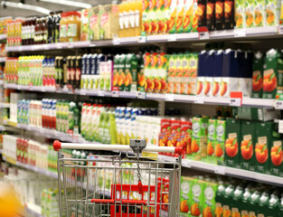 empty grocery cart in an empty supermarket
