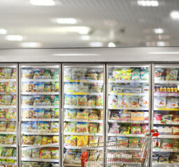 empty grocery cart in an empty supermarket