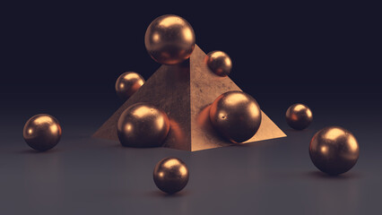 3D-Darstellung von bronzenen Kugeln und einer Pyramide auf dunklem Hintergrund