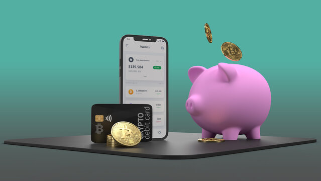 3D-Darstellung eines Smartphones mit einer Kryptowallet auf dem Bildschirm, einer Kreditkarte, einem Sparschwein und BTC-Münzen