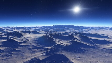 beautiful view from an exoplanet, a view from an alien planet, a computer-generated surface, a fantastic view of an unknown world, a fantasy world 3D render