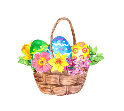 Basket with decorated eggs and spring flowers. Watercolor with tulips, narcissus, hyacinth, green leaves
