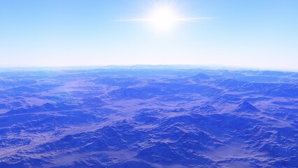 beautiful view from an exoplanet, a view from an alien planet, a computer-generated surface, a fantastic view of an unknown world, a fantasy world 3D render