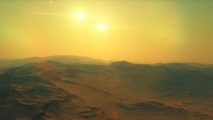 beautiful view from an exoplanet, a view from an alien planet, a computer-generated surface, a fantastic view of an unknown world, a fantasy world 3D render