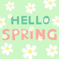 Colorful trendy seasonal quote with lettering.Hello spring.
Bye winter.Fashionable illustration with cute flowers. Chamomile
on green background.