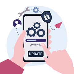 Cartoon hand holding mobile phone with system update. Improvement change new version. Human hands hold smartphone device with loading