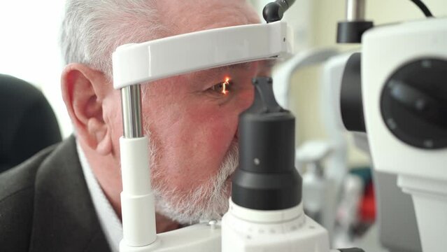 examination of elderly man with slit lamp. equipping ophthalmologist's office.