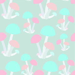 Mushroom pink blue seamless pattern on grey stock vector illustration for web, for print