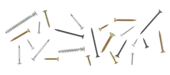 Set of different screws isolated on a white background, top view.