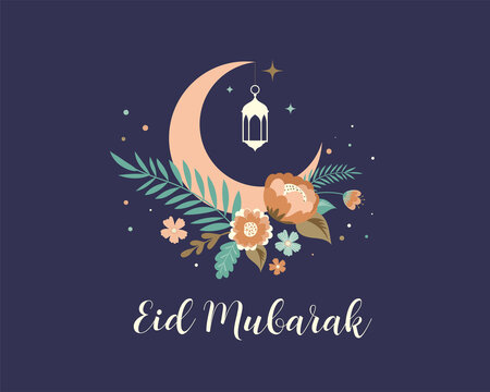 Modern bohemian style Ramadan Mubarak greeting card, banner with retro boho design, moon, mosque dome and lanterns 
