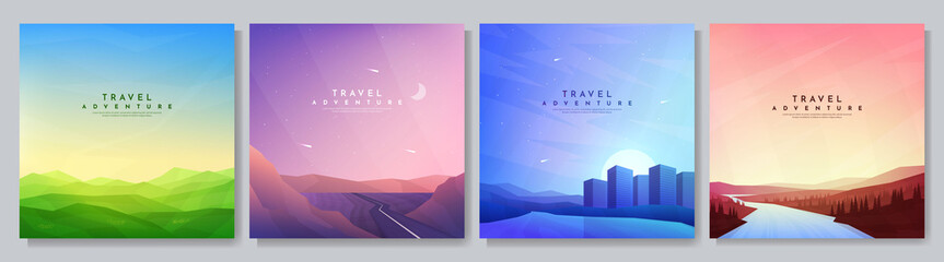 Vector illustration. Abstract background set. Minimalist style. Flat concept wallpapers. Landscape collection. Green meadow, city buildings, road between hills, mountain river in forest. Web banner © VVadi4ka