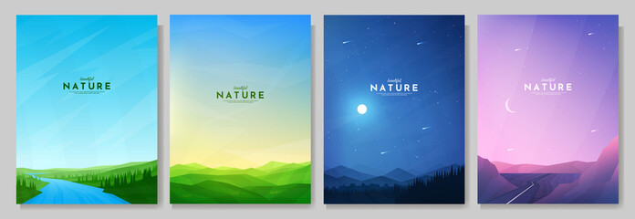 Vector illustration. Abstract background set. Minimalist style. Flat concept wallpapers. Landscape collection. Design for poster, book or magazine cover, layout, brochure. Nature scene with clear sky
