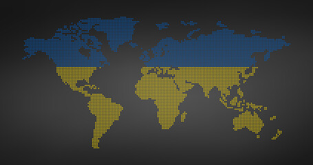 Fototapeta na wymiar World dotted map with ukrainian Flag color. Pixel map of Ukraine. Dotted map of world vector illustration.