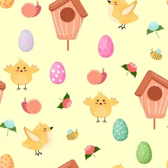 Poster Naadloos patroon met schattige vogels, vogelhuisjes, bijen, slakken en paaseieren. Pasen patroon met vogels op gele achtergrond. © Marina