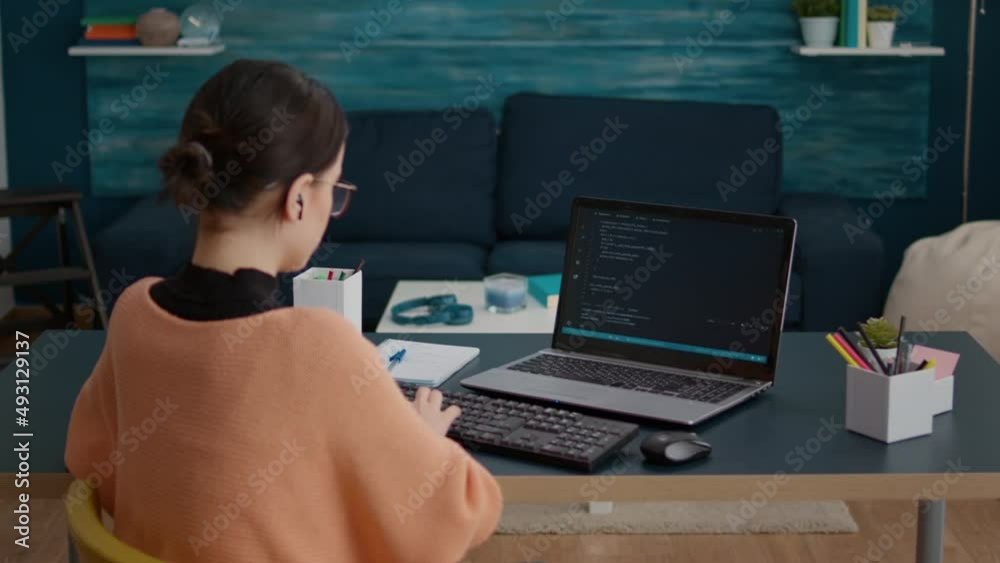 Poster young woman programming binary code on laptop screen, working on economic analytics report to learn 