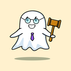 Cute cartoon character wise judge ghost wearing glasses and holding a hammer with cute modern style design