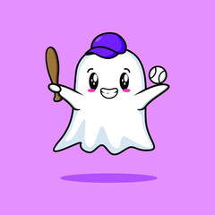 Cute cartoon ghost character playing baseball in modern style design for t-shirt, sticker, and logo elements