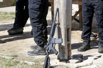 Rifles on the ground. War concept.