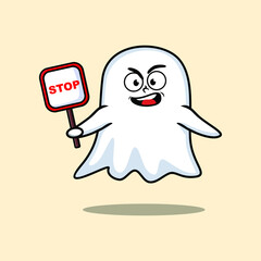 Cute Cartoon mascot illustration ghost with stop sign board vector drawing cute modern style design