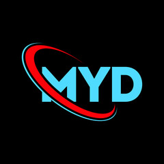 MYD logo. MYD letter. MYD letter logo design. Initials MYD logo linked with circle and uppercase monogram logo. MYD typography for technology, business and real estate brand. - obrazy, fototapety, plakaty