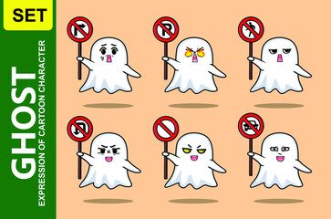 Cute ghost cartoon character holding traffic sign in modern 3d style design