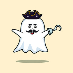 Cute cartoon pirate ghost with hook hand in 3d modern style design