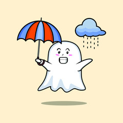 Cute cartoon ghost character in the rain and using an umbrella in 3d modern style design