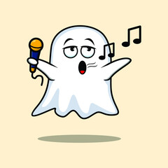 Cute cartoon ghost singer character holding mic in 3d modern style design
