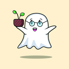 Cute cartoon ghost holding plant in a pot 3d modern style design