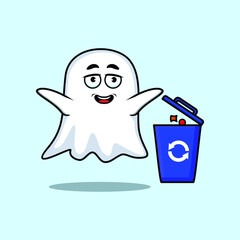 Cute cartoon ghost throwing trash in the trash in 3d modern style design for t-shirt, sticker, logo elements