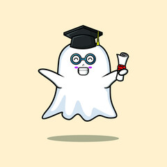 Cute cartoon ghost student character on graduation day with toga in concept 3d cartoon style