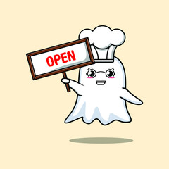 Cute cartoon ghost character holding open sign designs in concept 3d cartoon style