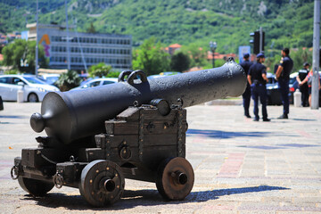 Ancient cannon on the street in Kotor city, Montenegro