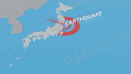 Map ofJapan showing the location of the earthquake of magnitude 7.3 Richter, occured in March 16, 2022. Digital 3D rendering. - obrazy, fototapety, plakaty