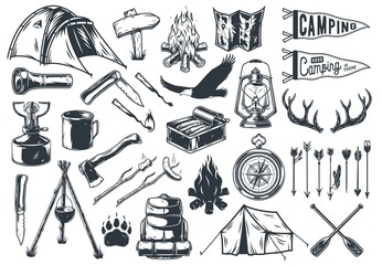 Set of camping elements with eagle, tent and campfire, map and compass - obrazy, fototapety, plakaty