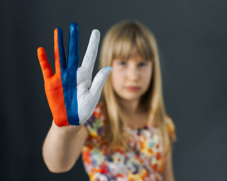 girl holding a russian flag on a hand, tricolor hand drawn