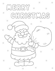 simple design of a merry christmas coloring page with a cute santa claus cartoon character. you can print it on standard 8.5x11 inch paper