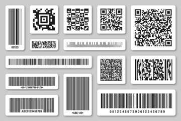Set of product barcodes and QR codes. Identification tracking code. Serial number, product ID with digital information. Store or supermarket scan labels, price tag. Vector illustration.