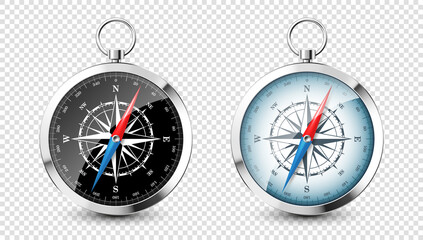 Realistic silver vintage compass with marine wind rose and cardinal directions of North, East, South, West. Shiny metal navigational compass. Cartography and navigation. Vector illustration. © 32 pixels