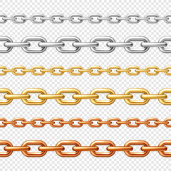 Realistic seamless golden, silver and bronze chains on checkered background. Metal chain with shiny gold plated links. Vector illustration.