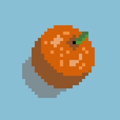 Pixel art orange fruit, citrus isolated on blue background. asset game, sticker, logo design.