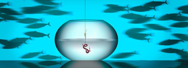 This worm on a hook in a fishbowl is a metaphor for a business that is not accessible to its customers. This is a 3-d illustration.
