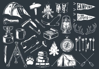 Set of camping elements with eagle, tent and campfire, map and compass