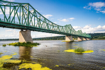 Wloclawek, Poland - August 11, 2021. Green bridge Marszalka Rydza-Smiglego over Vistula river in Summer