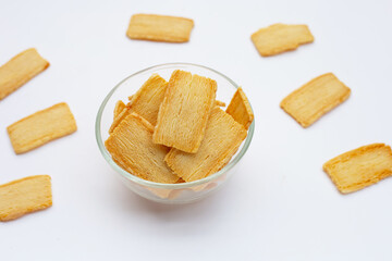Cheese crispies on white background.