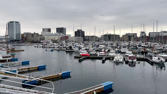 BODO, NORDLAND COUNTY  NORWAY - : View on the boats which located in the port of Bodo (Bod&oslash;), Norway.