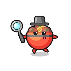 meatball bowl cartoon character searching with a magnifying glass