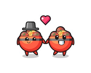 meatball bowl cartoon character couple with fall in love gesture